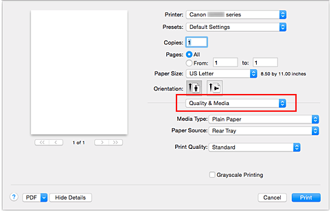 figura: Qualità/Tipo di carta nella finestra di dialogo Stampa