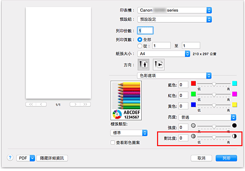 插圖：[列印]對話方塊中[色彩選項]的[對比度]