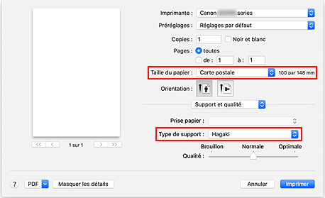 figure : Taille du papier et Type de support dans de la boîte de dialogue Imprimer