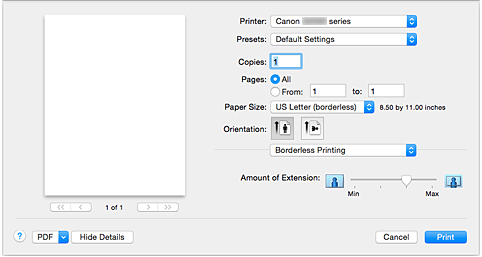 الشكل: الطباعة بدون حدود في مربع الحوار طباعة