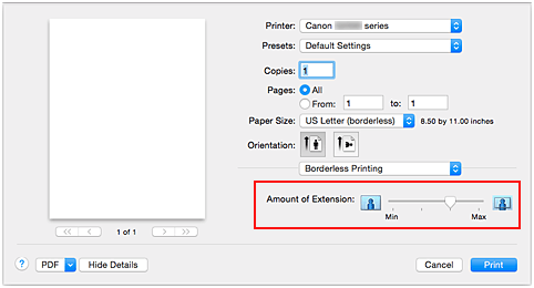 figure:Amount of Extension of Borderless Printing in the Print dialog