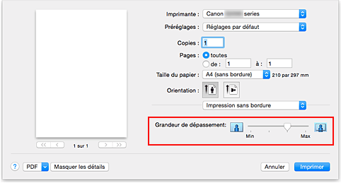 figure : Grandeur de dépassement de l'option Impression sans bordure de la boîte de dialogue Imprimer