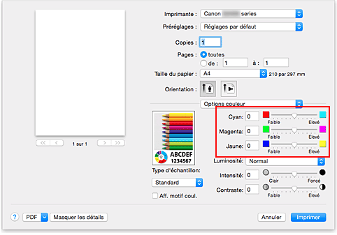 figure : Équilibre des couleurs des options de couleur dans la boîte de dialogue Imprimer