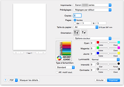 figure : Options couleur dans la boîte de dialogue Imprimer