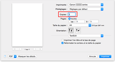 figure : Copies dans la boîte de dialogue Imprimer