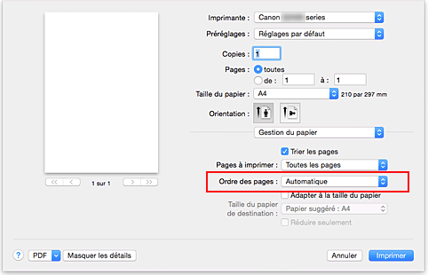 figure : Sélectionnez Automatique dans Ordre des pages pour Gestion du papier dans la boîte de dialogue Imprimer.