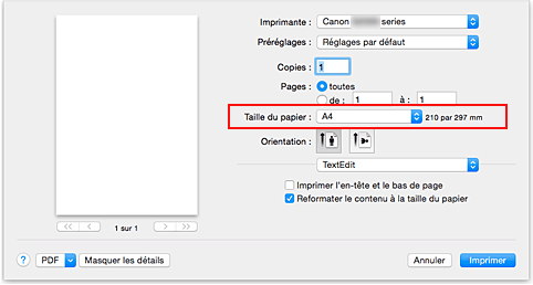 figure : Taille du papier dans la boîte de dialogue Imprimer