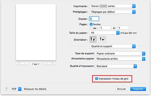 figure : Impression niveau de gris pour Qualité et support dans la boîte de dialogue Imprimer