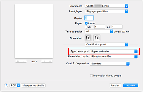 figure : Type de support dans Qualité et support de la boîte de dialogue Imprimer