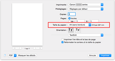 figure : Sélectionnez XXX (sans bordure) dans l'option Taille du papier de la boîte de dialogue Imprimer