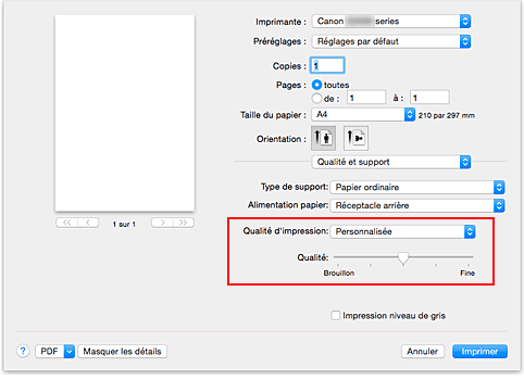 figure : Sélectionnez Personnalisée pour Qualité et support dans la boîte de dialogue Imprimer.