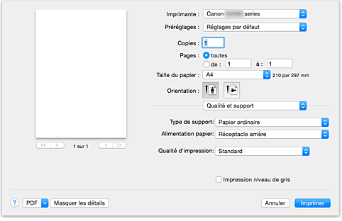 figure : Qualité et support dans la boîte de dialogue Imprimer