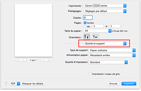 figure : Qualité et support dans la boîte de dialogue Imprimer