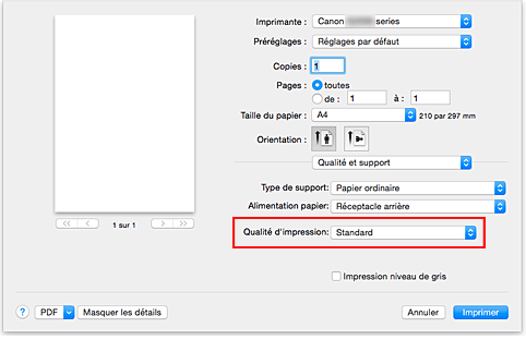 figure : Qualité d'impression dans Qualité et support de la boîte de dialogue Imprimer