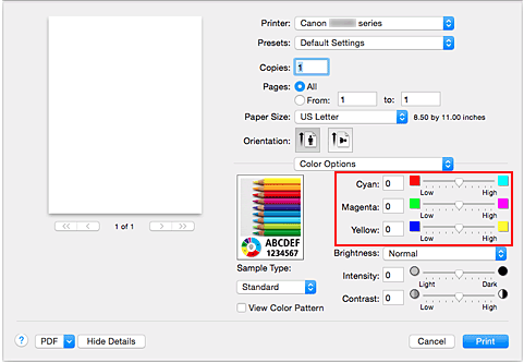 figura: Proporção de cores de Opções de Cor na caixa de diálogo Imprimir
