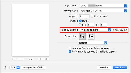 figure : Sélectionnez XXX (sans bordure) pour Taille du papier à partir de la boîte de dialogue d'impression.