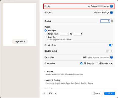 figure: Printer in the Print dialog