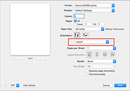 Abbildung: "Layout" im Dialog "Drucken"