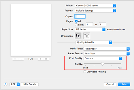 figure:Select Custom from Print Quality of Quality & Media in the Print dialog