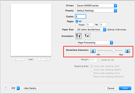 kuva:Sivun käsittely -kohdan Laajennuksen määrä Tulostus-valintaikkunassa