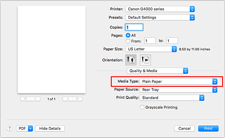 kuva:Laatu ja tulostusmateriaali -kohdan Tulostusmateriaali Tulostus-valintaikkunassa