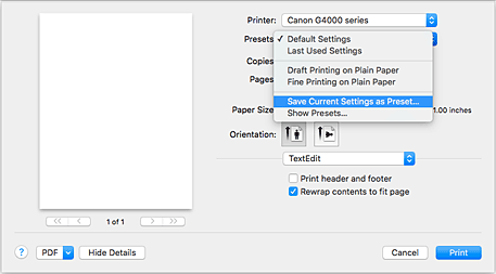 kuva:Valitse Tulostus-valintaikkunassa Esiasetukset-kohdasta Tallenna nykyiset asetukset esiasetuksena...