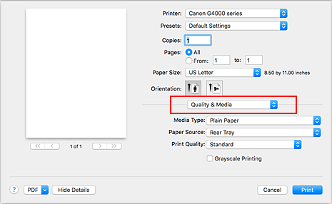 afbeelding: Kwaliteit en media in het dialoogvenster Afdrukken