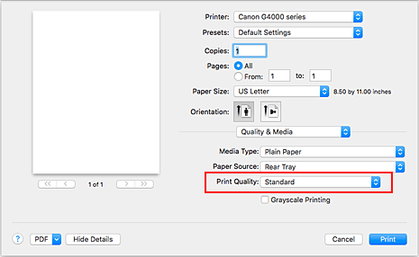 afbeelding: Afdrukkwaliteit bij Kwaliteit en media in het dialoogvenster Afdrukken