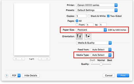 figure: Paper Size and Media Type in the Print dialog