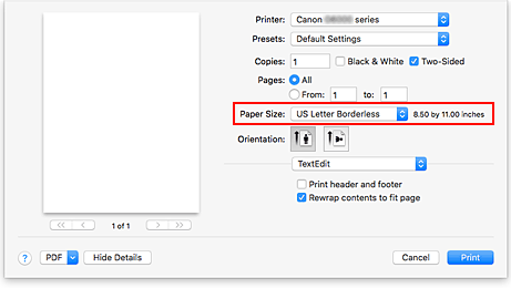 afbeelding:Selecteer XXX Geen marges bij Papierformaat in het dialoogvenster afdrukken.