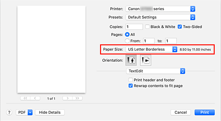 figure:Select XXX Borderless for Paper Size from the print dialog.