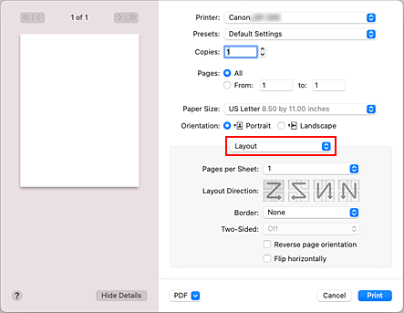 Abbildung: "Layout" im Dialog "Drucken"