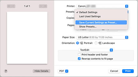 figure:Select Save Current Settings as Preset... from Presets in the Print dialog