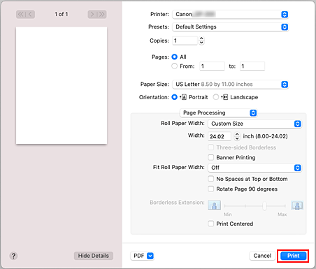 figure:Print of Page Processing in the Print dialog