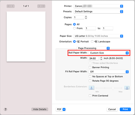 figure:Roll Paper Width of Page Processing in the Print dialog