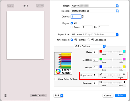 Imagen: Brillo de Opciones de color del cuadro de diálogo Imprimir