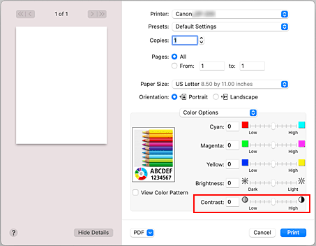 Imagen: Contraste de Opciones de color del cuadro de diálogo Imprimir