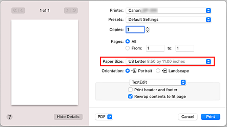 Imagen: Tamaño de papel del cuadro de diálogo Imprimir