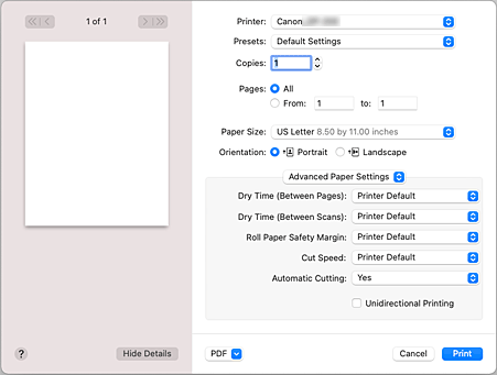 Imagen: Configuración de papel avanzada del cuadro de diálogo Imprimir
