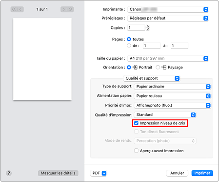 figure : Impression niveau de gris pour Qualité et support dans la boîte de dialogue Imprimer