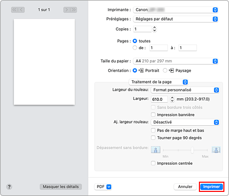 figure : Impression pour le traitement de la page dans la boîte de dialogue Imprimer
