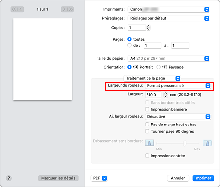 figure : Largeur du rouleau pour le traitement de la page dans la boîte de dialogue Imprimer