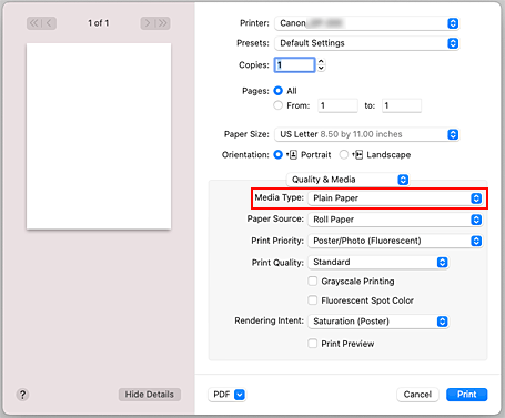 figura: Tipo di supporto per Qualità/Tipo di carta nella finestra di dialogo Stampa