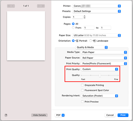 figura: Selezione di Personalizzata da Qualità di stampa per Qualità/Tipo di carta nella finestra di dialogo Stampa