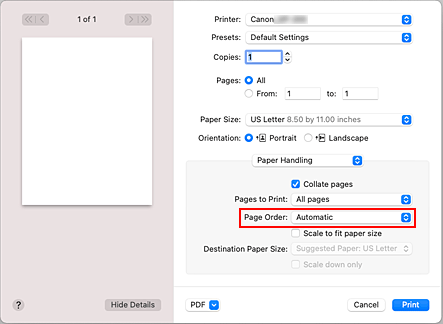 그림: 프린트 대화 상자 [용지 프린트 방식]의 [페이지 순서]에서 [자동]을 선택