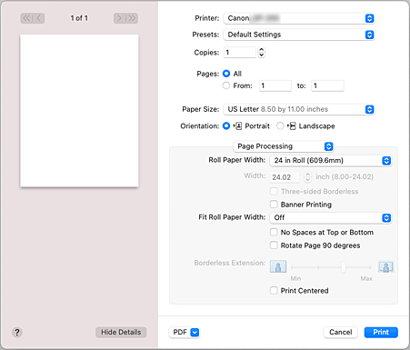 그림: 프린트 대화 상자의 [페이지 처리]