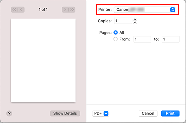 그림: 프린트 대화 상자의 [프린터]