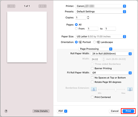 그림: 프린트 대화 상자의 [프린트]