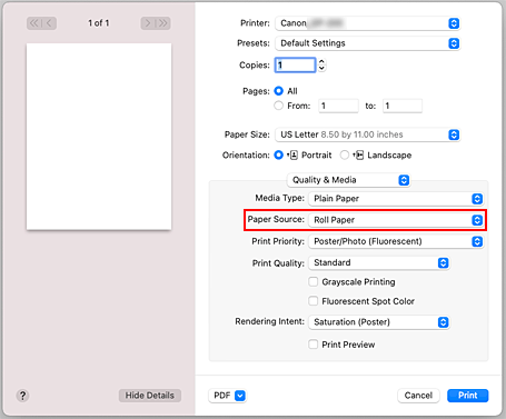 figura: Origem do Papel de Qualidade e Mídia na caixa de diálogo Imprimir