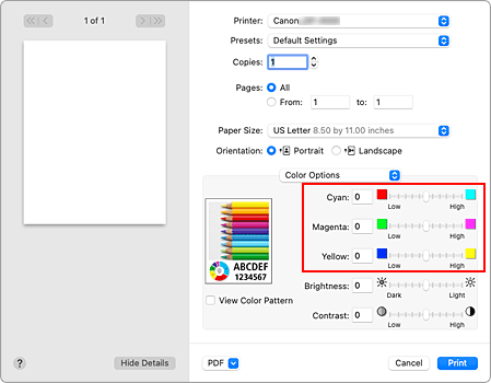 figure:Color balance of Color Options in the Print dialog